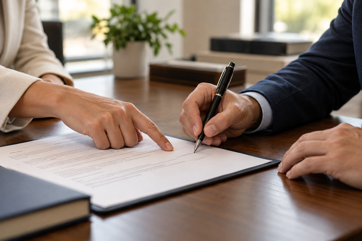 A client signing a document with a professional indicating the signature line